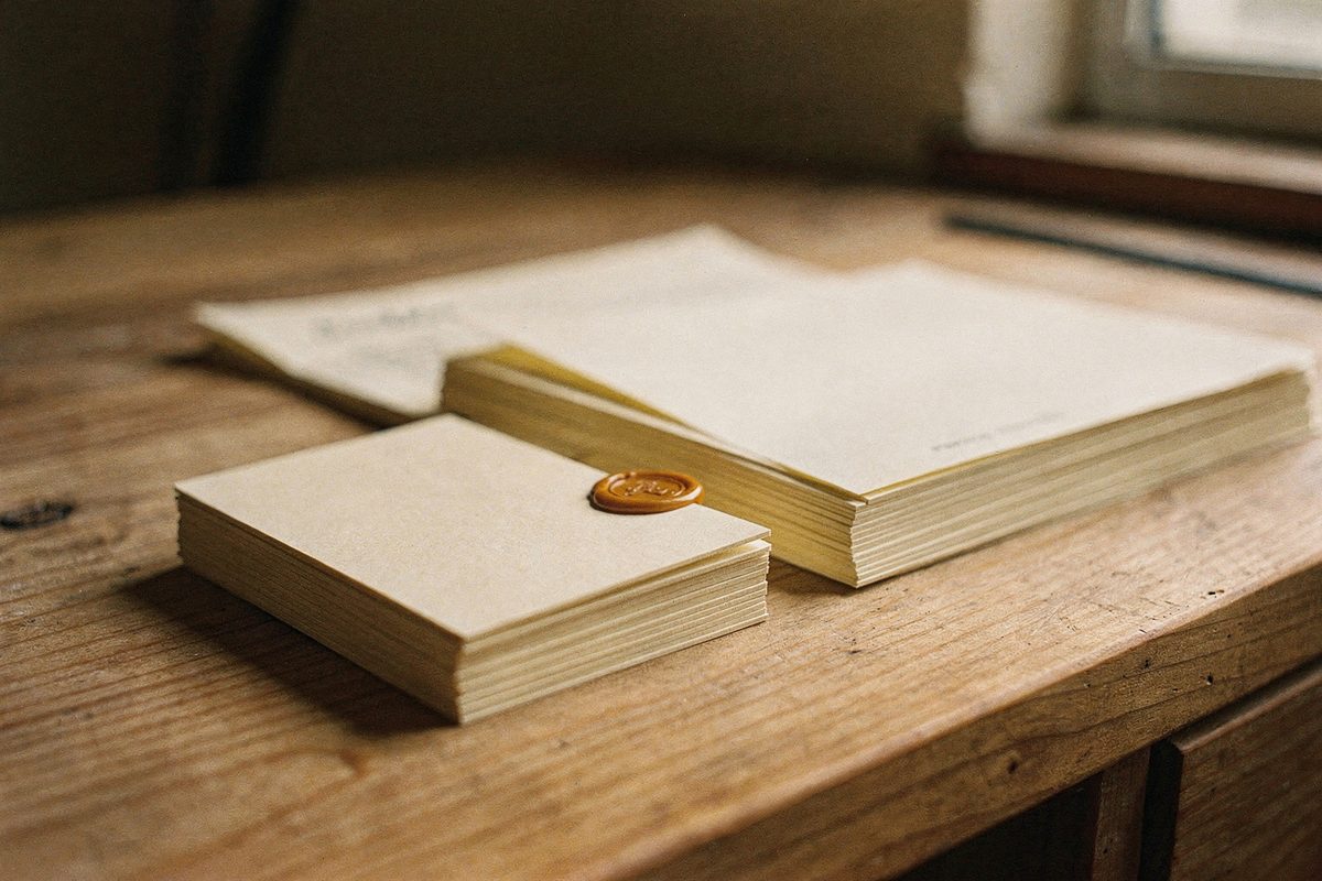 A stack of finished business cards and letterhead with a small ochre wax seal.