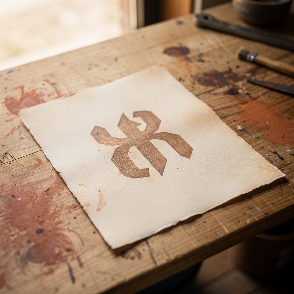 A printed proof sheet showing a hand-set logotype in warm brown ink.