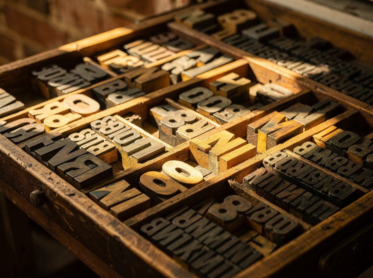 A wooden letterpress tray filled with mixed wood and metal type blocks.