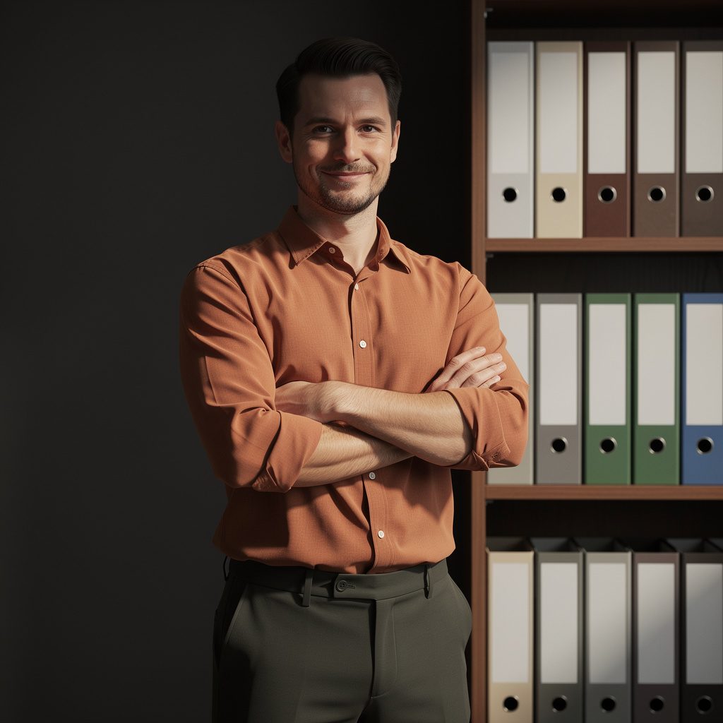 The studio's second team member standing beside a shelf of bound project binders.